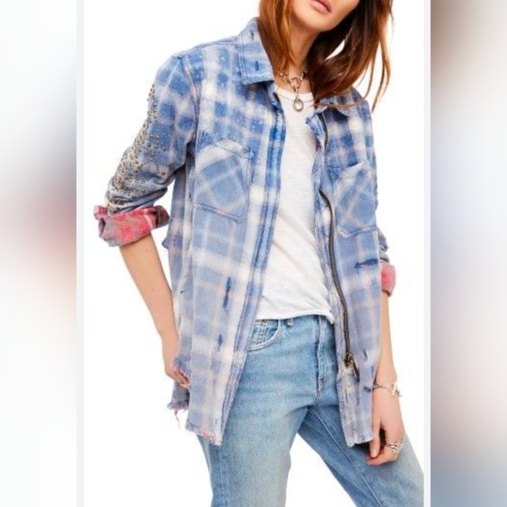 Free People Distressed Studded Plaid Flannel Shirt Blue/Red Plaid Trucker Jacket
